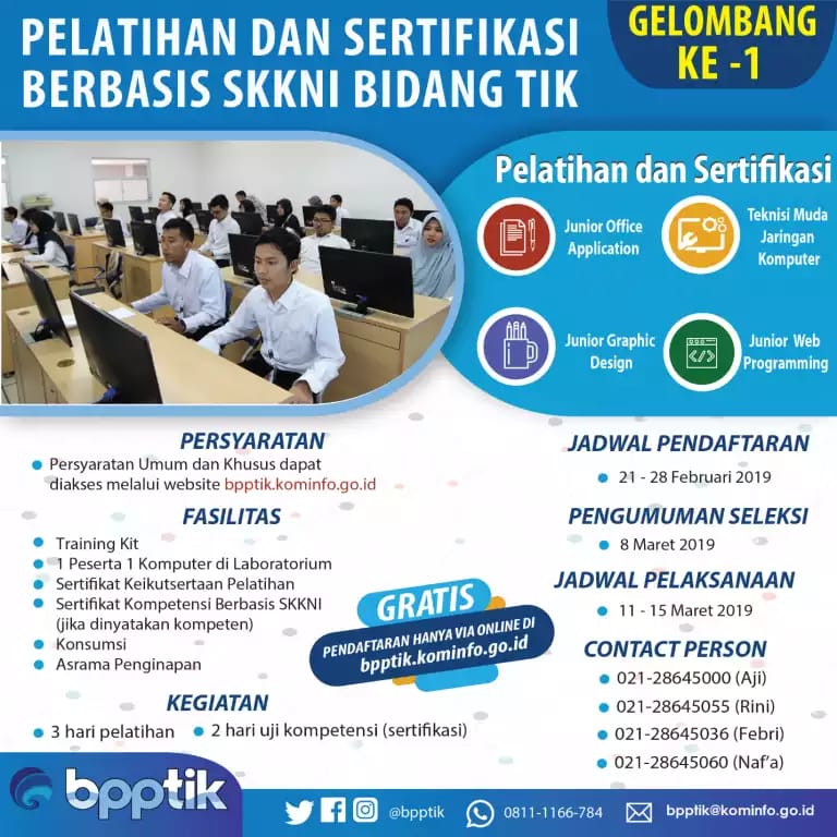 Dibuka Kembali Pendaftaran Pelatihan dan Sertifikasi Kompetensi Bidang TIK Berbasis SKKNI di Tahun 2019